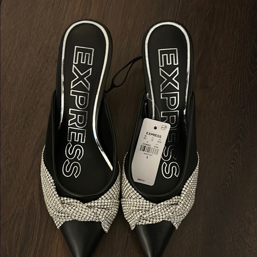 Express Black and Silver Heels with Pointed Toe